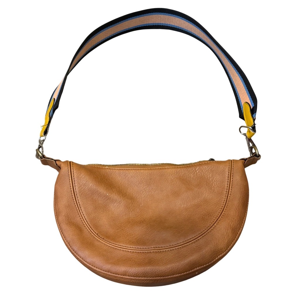 Urban Originals Anthropologie Tan Leather Crescent Crossbody Bag Striped Strap